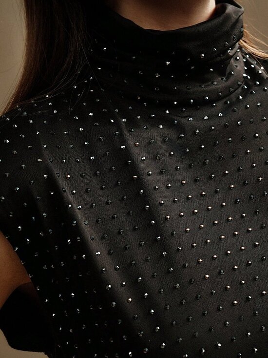 Black Elegant Women's Stud-Embellished Woven Mini Dress - Picture 7 of 7